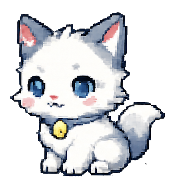 Haru, a pixel-art white cat with blue eyes and a yellow bell collar