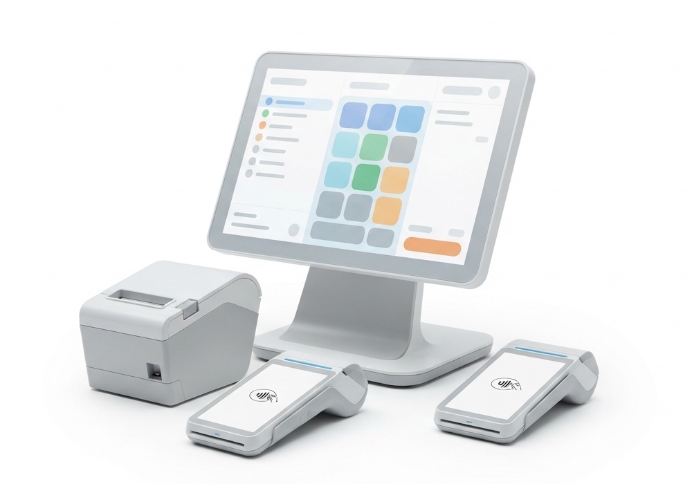 A grocery point-of-sale setup with a touchscreen register, receipt printer, and two card readers